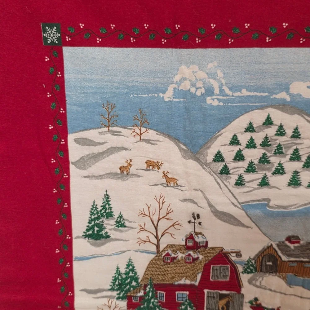 Vintage Christmas Winter Village Scenic Red Border Wall Hanging Ribbon Loops